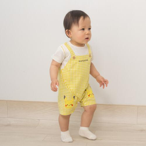 🇯🇵預訂 日本直送🇯🇵Monpoke比卡超刺繡貼花黃色格紋吊帶短袖連身服