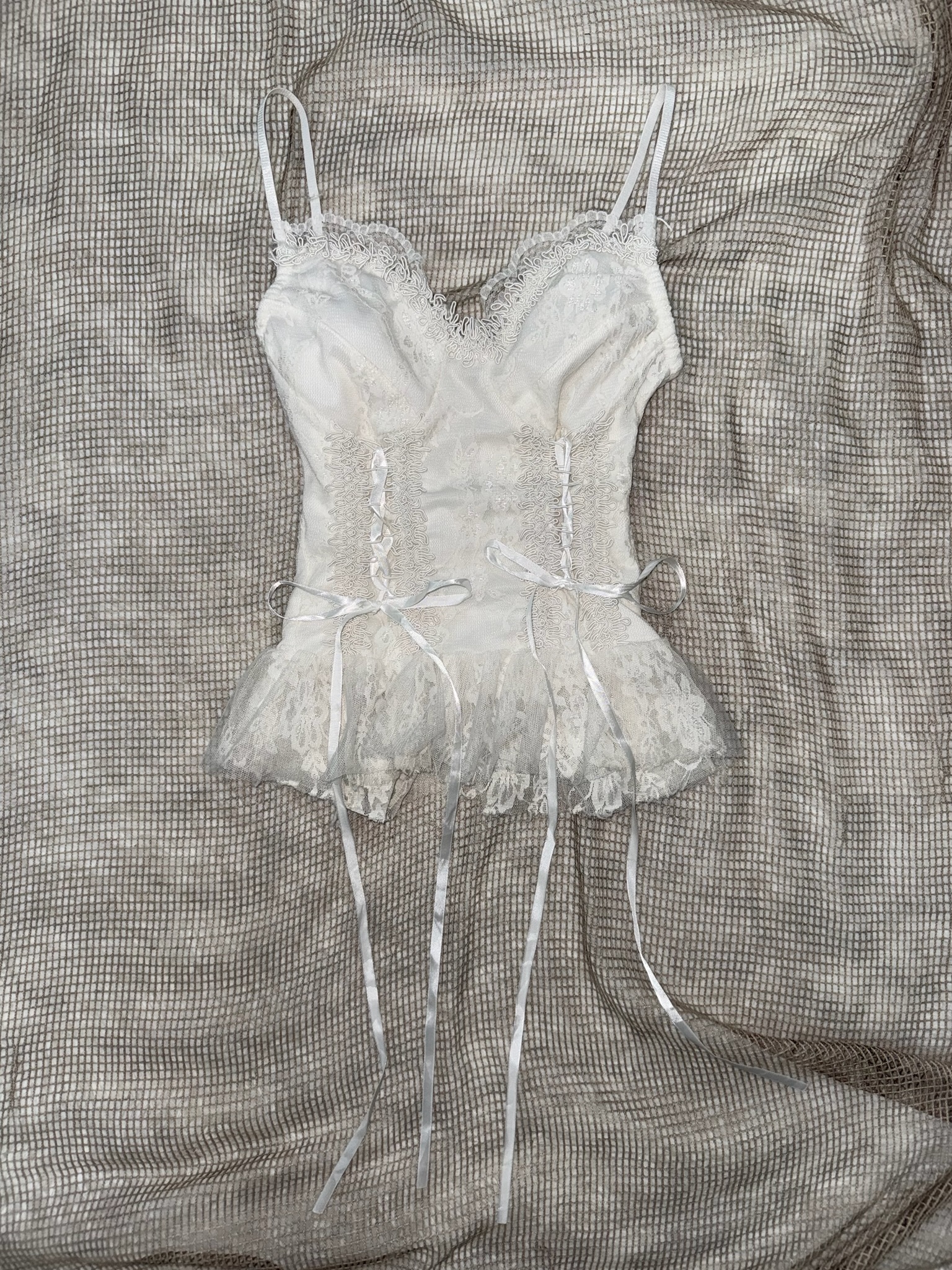 Angelcore White Floral Lace Corset Top with Ribbons