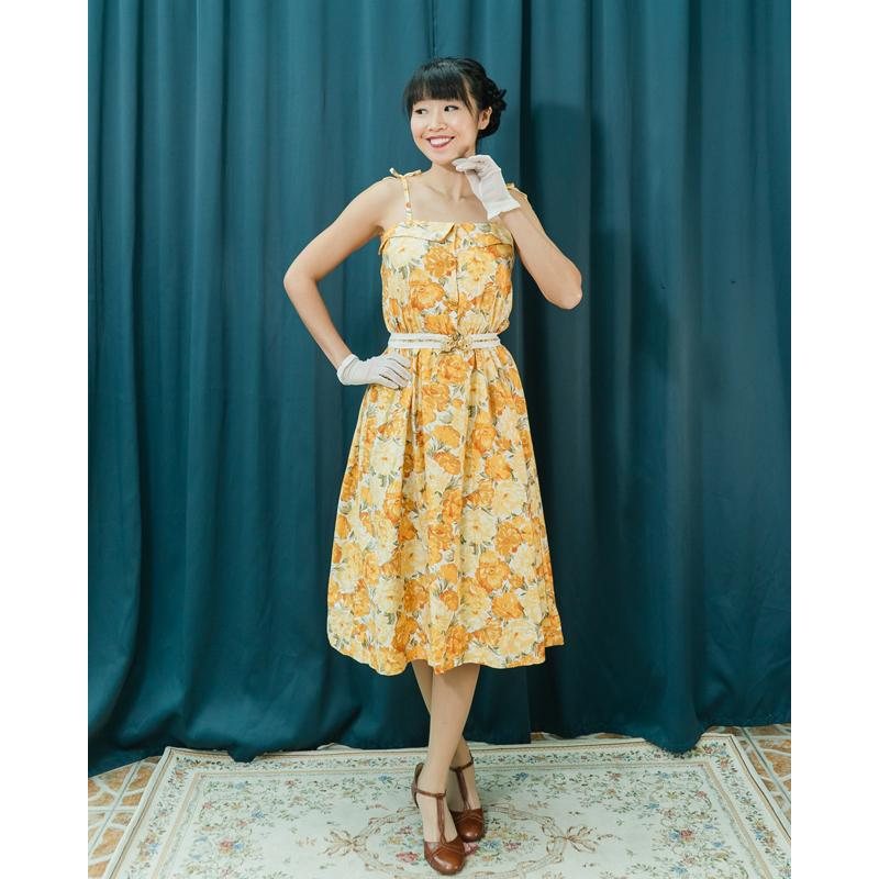 Vintage Japanese Summer Floral Spaghetti Strap Picnic Dress with Collar Detail (NA0785)