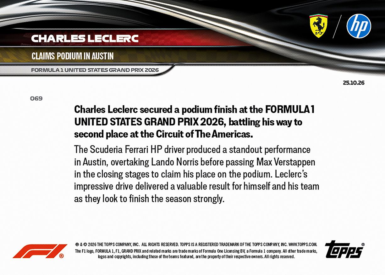 Charles Leclerc - 2026 F1 Topps NOW® #69 United States GP 頒獎台卡【團購】