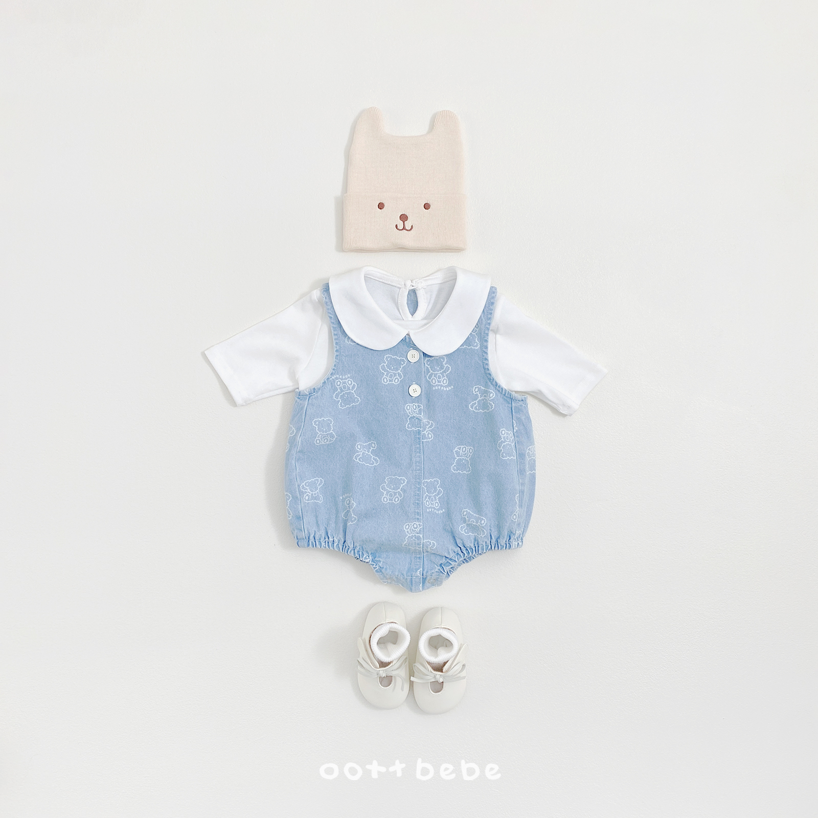 🌸預訂 韓國直送🌸🇰🇷OOTTBEBE兩色小熊滿印牛仔斜紋布背心包屁衣