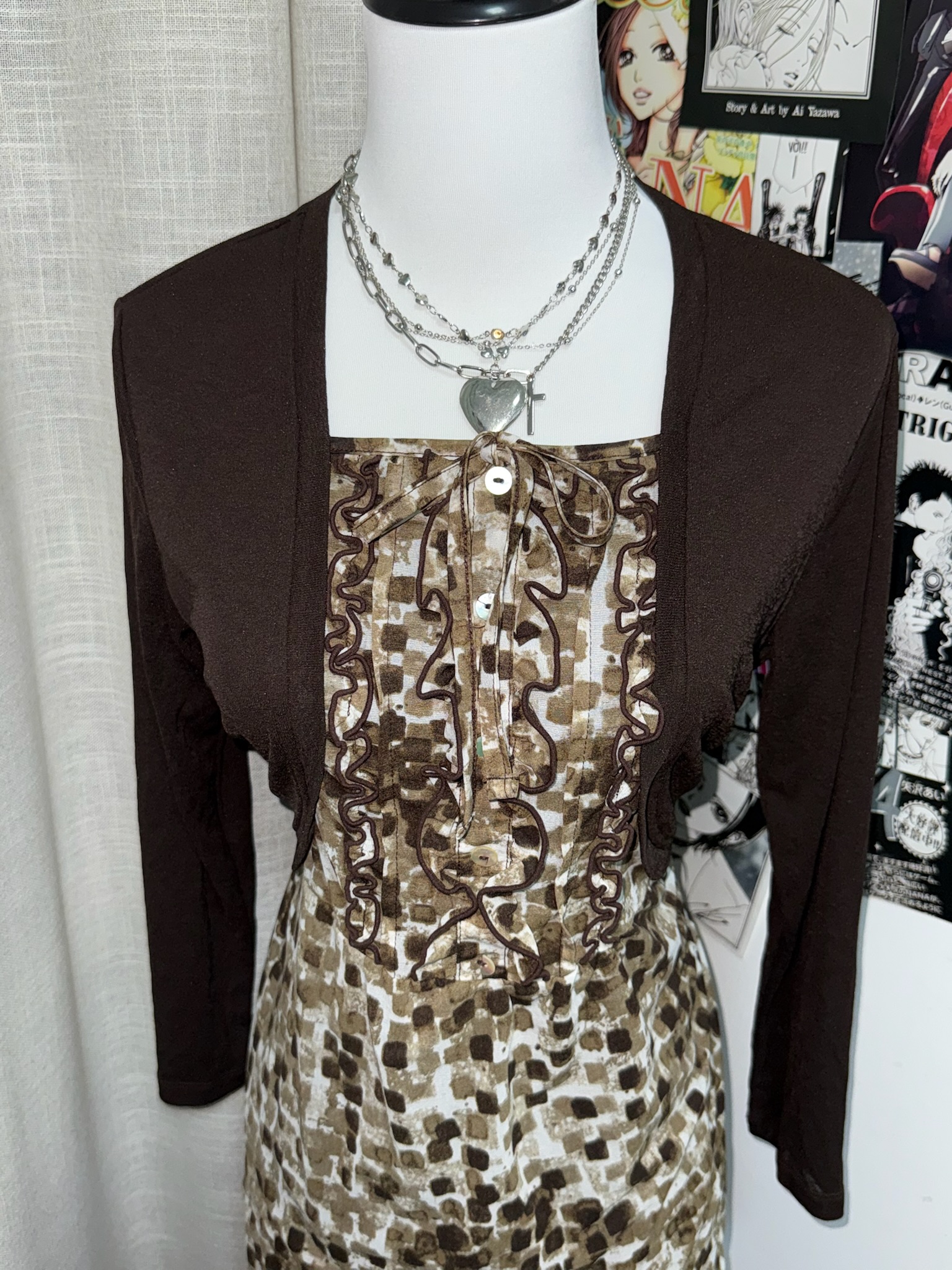 Cropped Bolero Cardigan & Ruffled Geometric Print Tunic