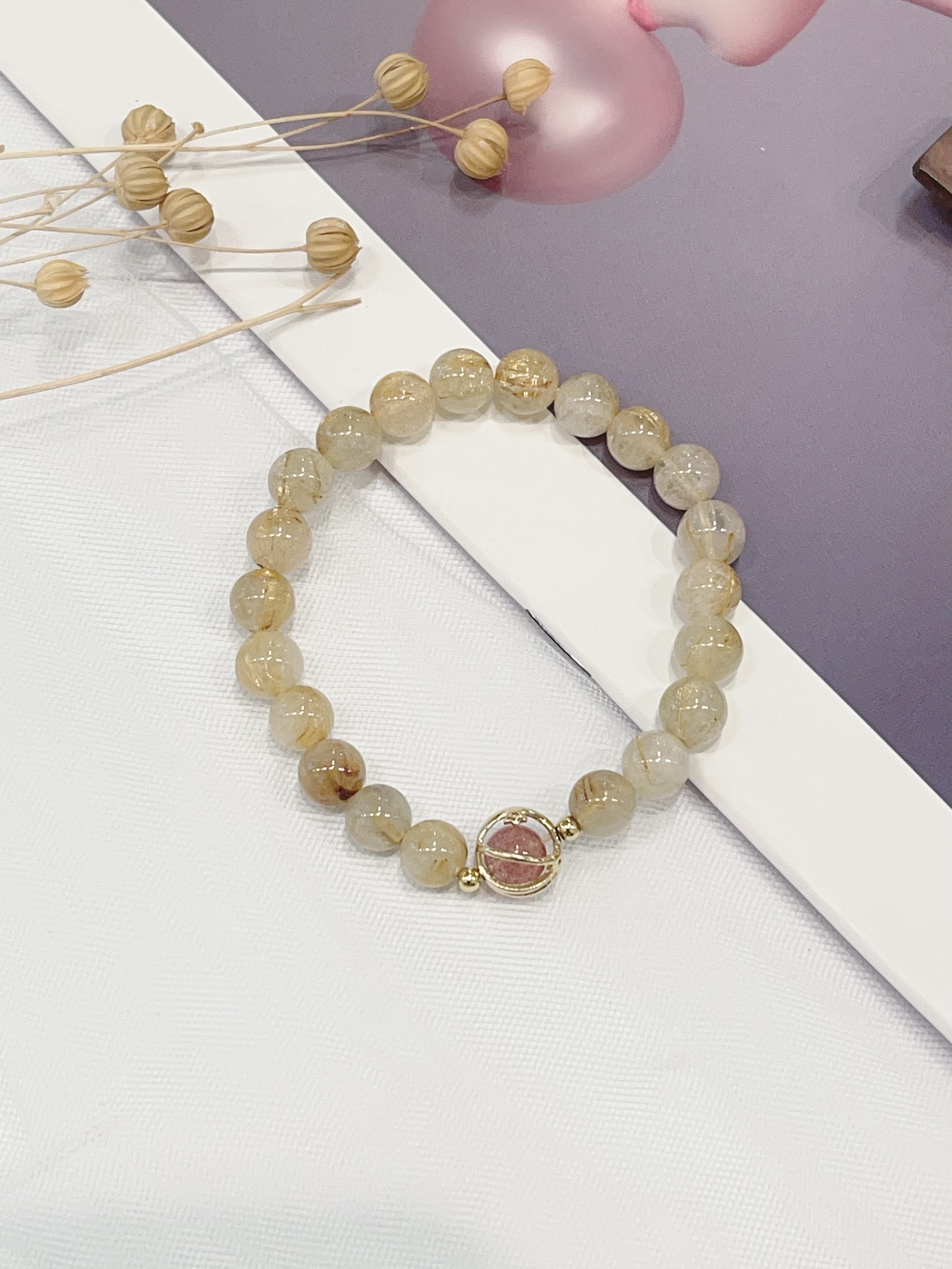 🍓 草莓晶 × 金发晶手串 Strawberry Quartz & Golden Rutilated Quartz | 8mm