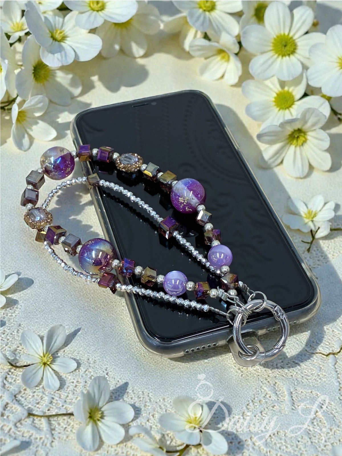 紫色夢幻風格雙層水晶手機掛繩