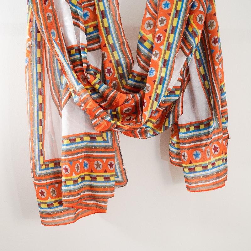 Vintage c.a. 1970s Geometric x Hippies Motif Large Neck Scarf/ Head Scarf from Germany - 85 x 198cm (MT934)
