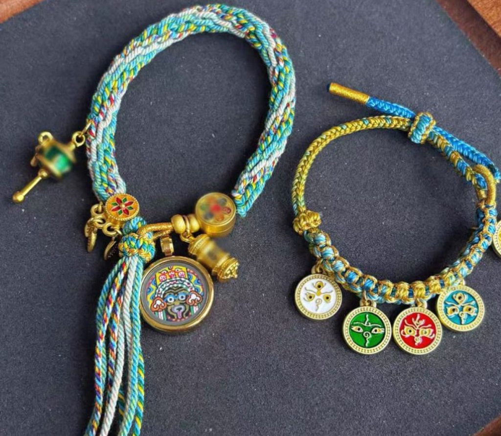 西藏純手繪扎基拉姆唐卡五路財神手工編織本命年招財轉運手繩套裝