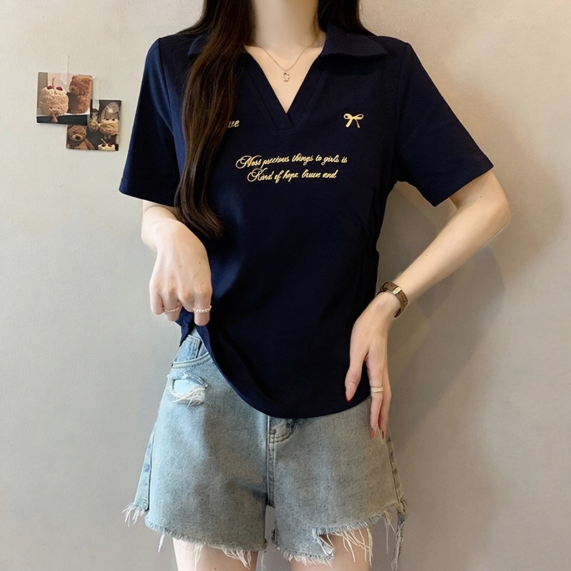 B124(36912) 美式甜美风斜小字母爱心蝴蝶结翻领4色上衣