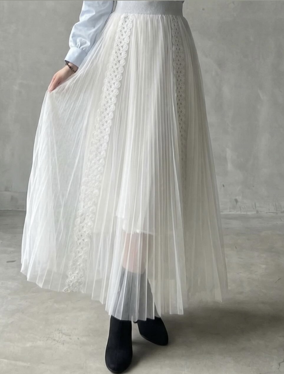 白色百褶皺蕾絲半身紗裙
