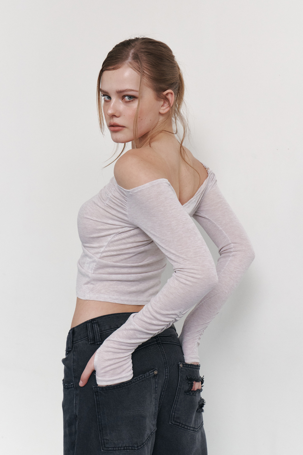 pleaseNOFOLLOW - Halo Unbal Shirring Long Sleeve Top (Dusty Pink)