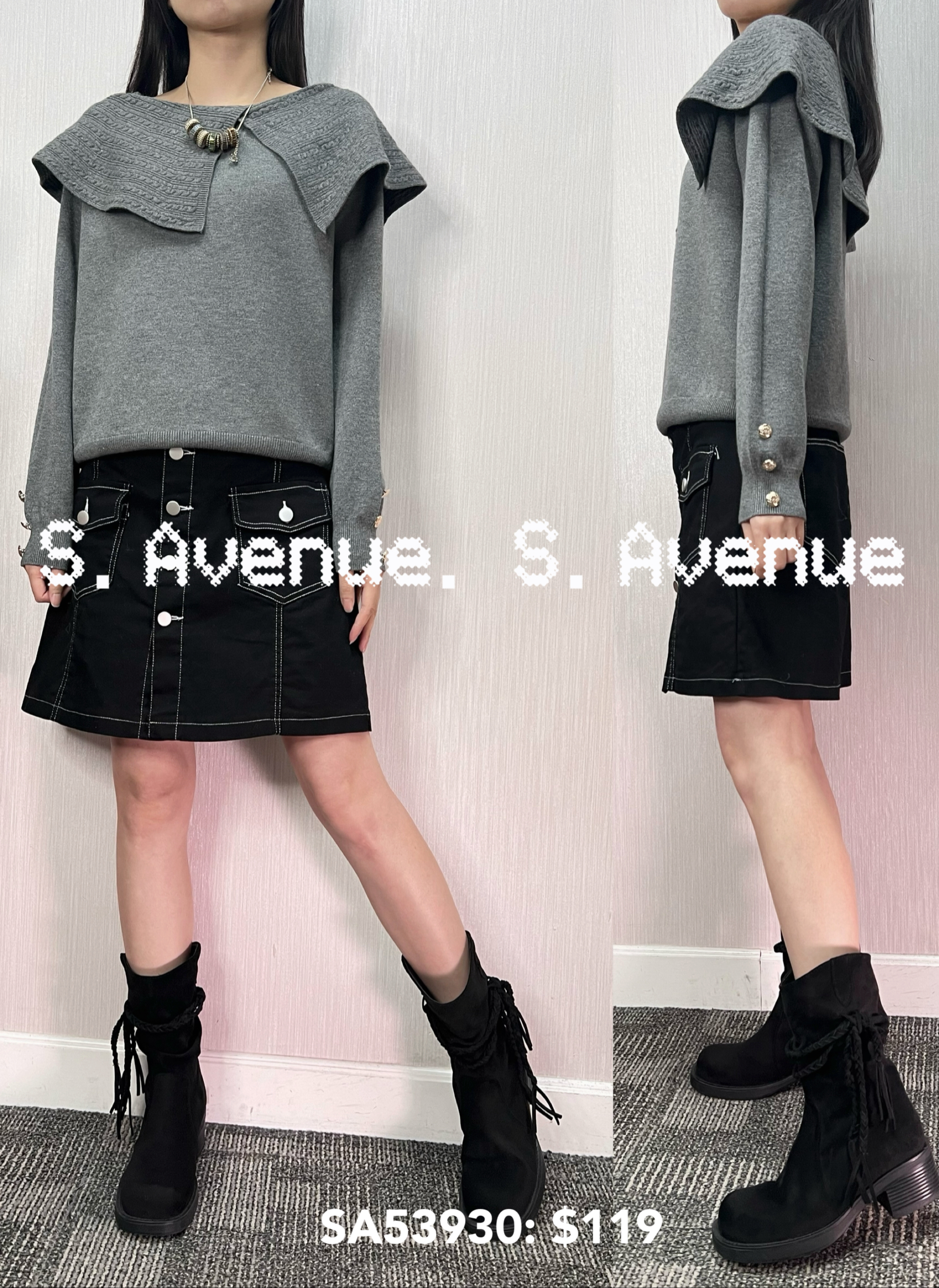 SA53930: 長袖暗紋斗逢領軟冷top