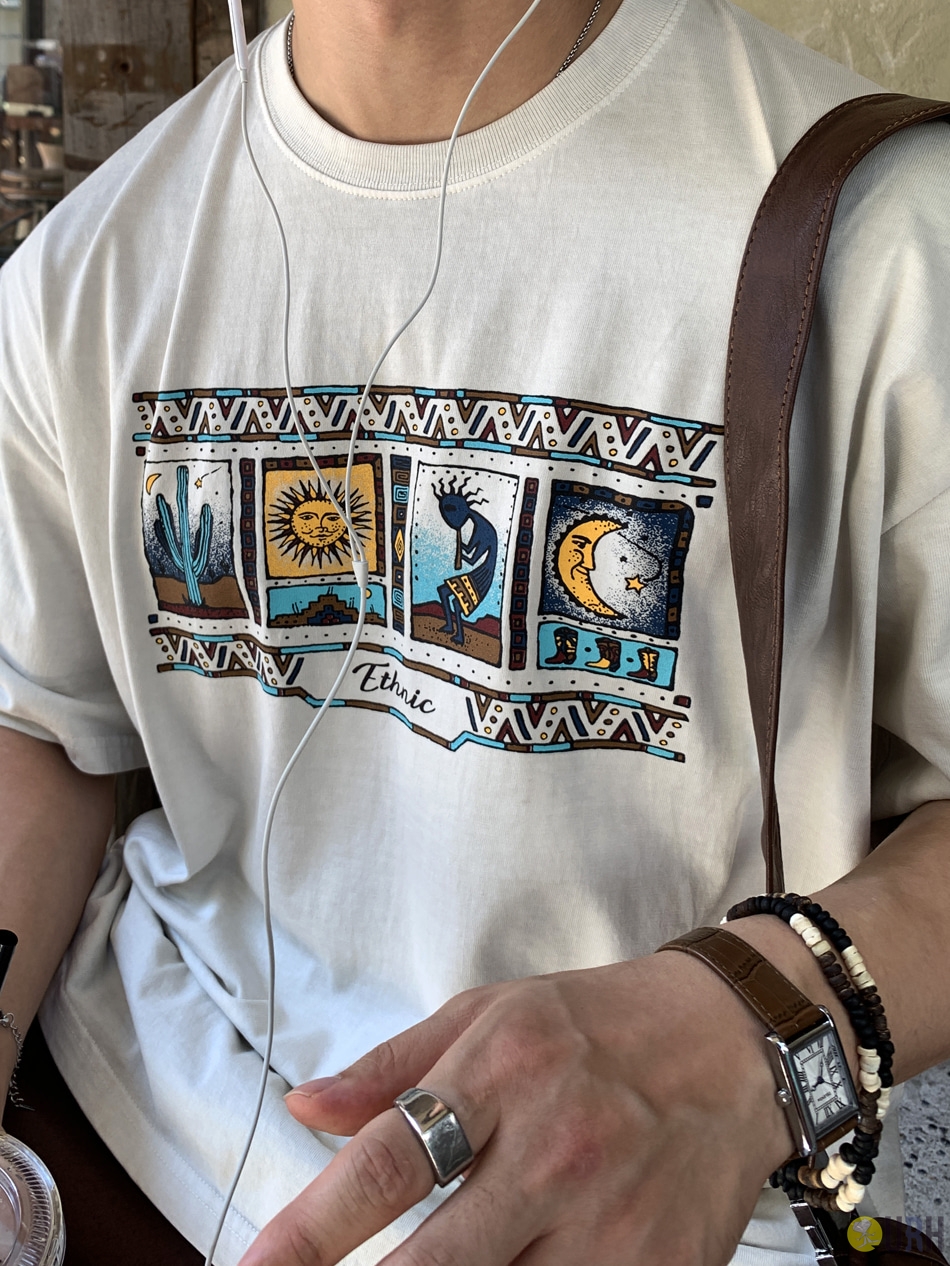 【100%保證韓國直送】Ethnic Graphic Pigment Washing 復古民族圖騰落肩Oversize短袖Tee 👕 [3 color] RL115176