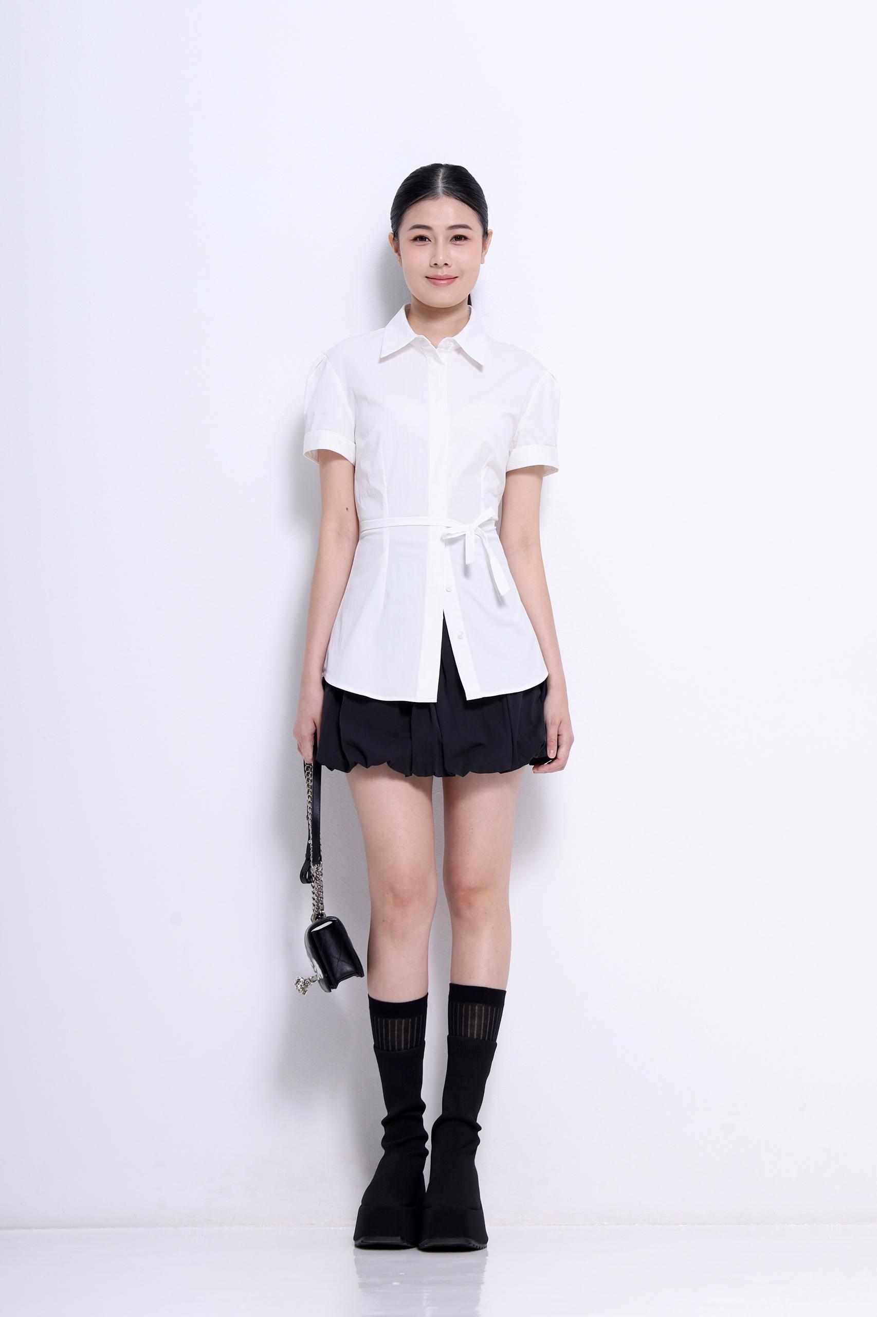 CB2714 COLLARED SHORT SLLV LONG SHIRT BLOUSE
