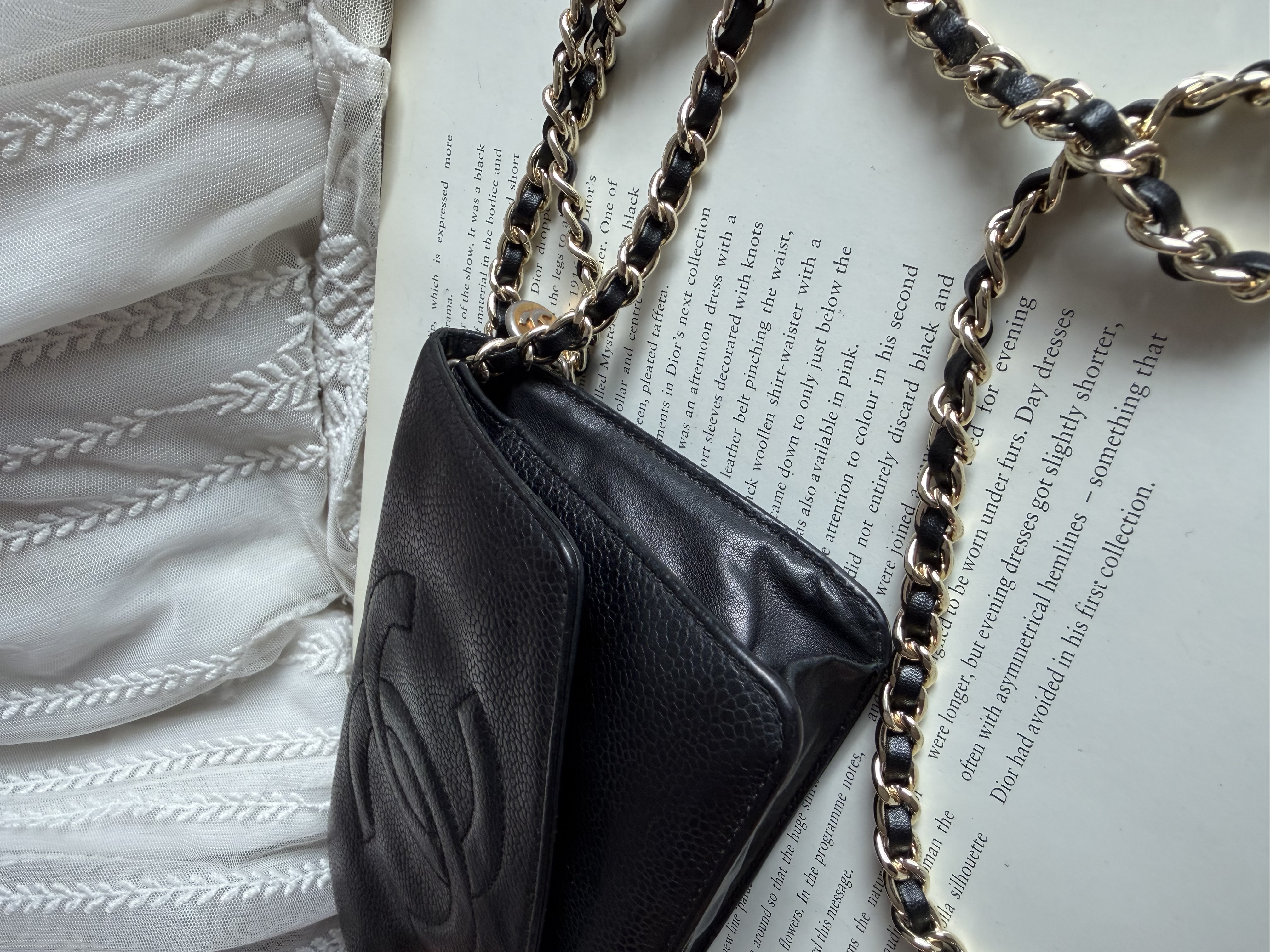 Vintage chanel black caviar leather long wallet