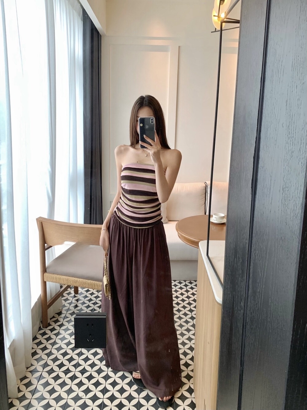 零感松弛韩系慵懒撞色条纹抹胸+休闲裤套装(两件套)Striped Tube Top Wide Leg Pants Set
