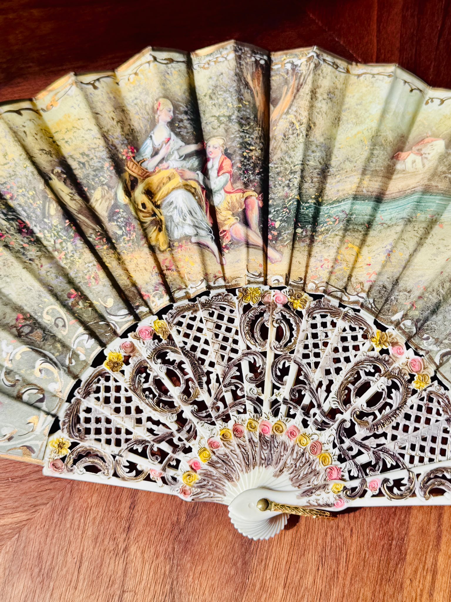 Antique c. 1890–1920 European Hand-Painted & SIgned Rococo Revival Folding Fan (MT2616)
