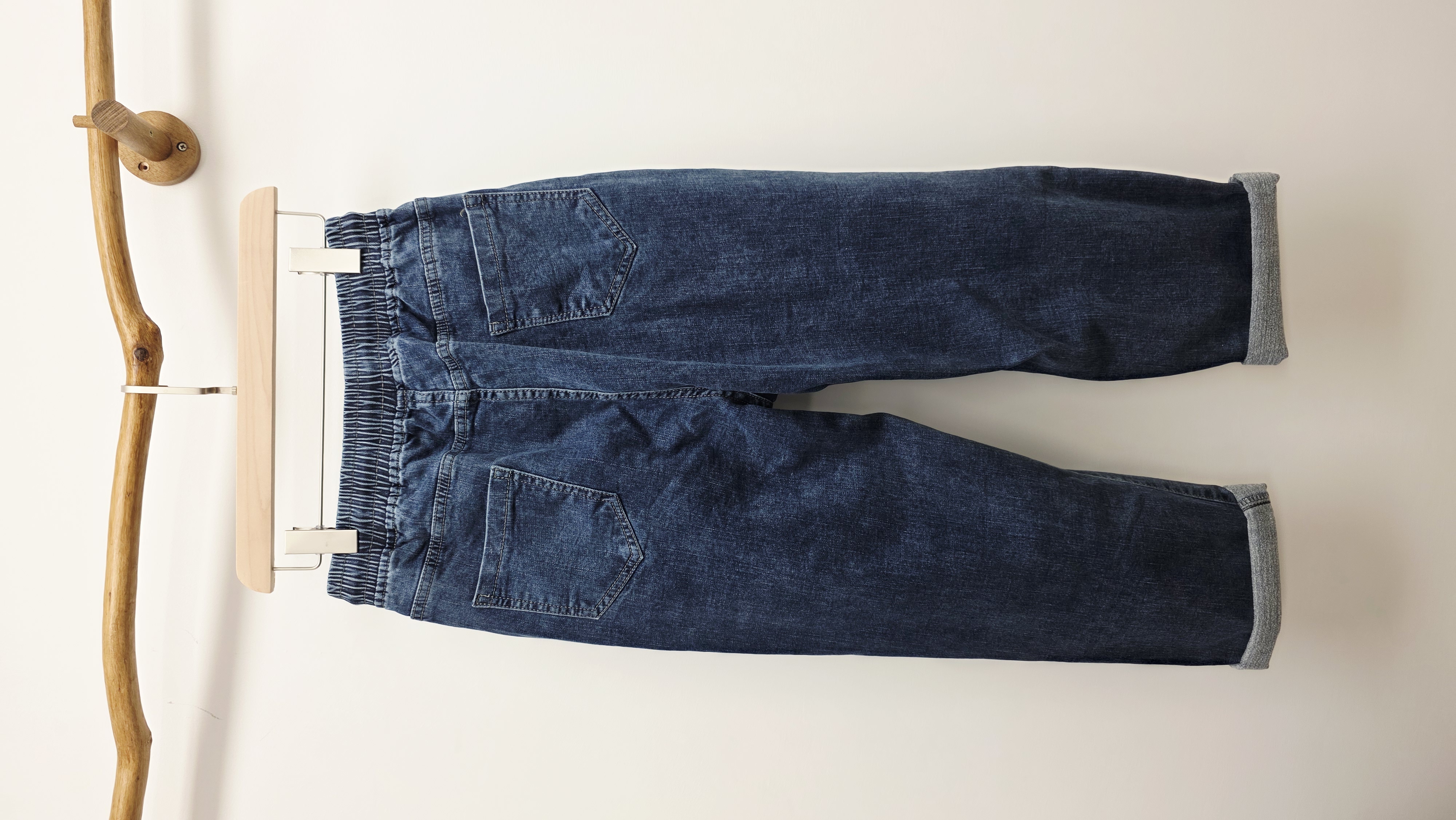 韓國深藍拼花花字母車章薄絨底橡筋牛仔褲