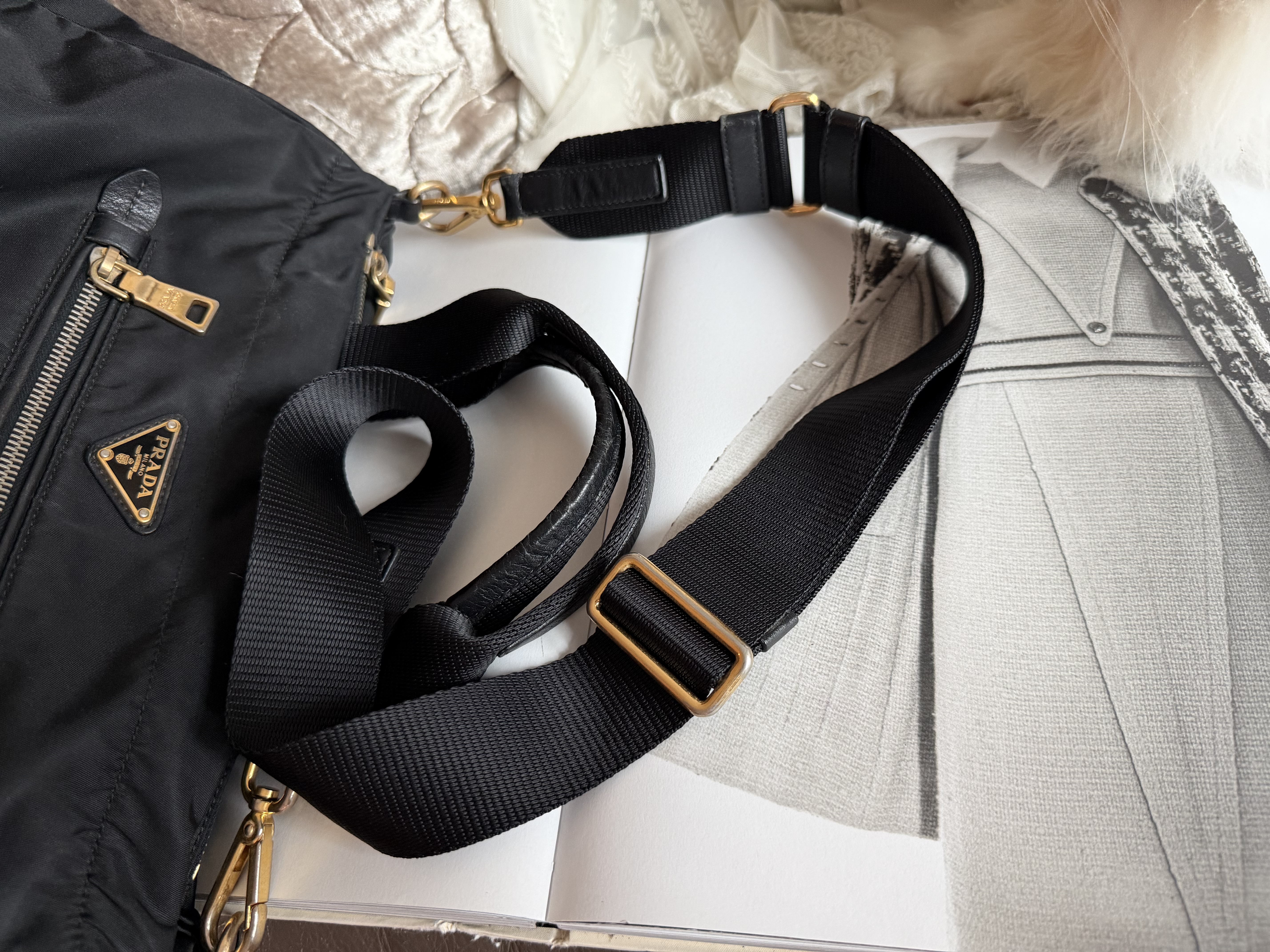 prada黑色 black re nylon bag with original strap