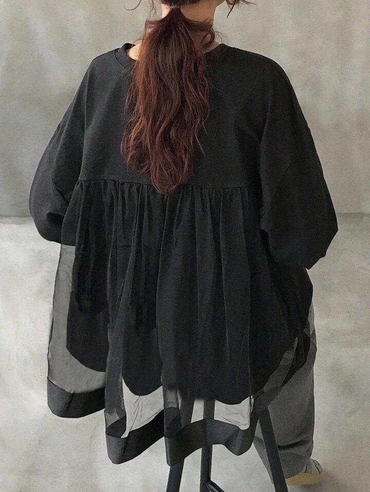 黑色寬鬆網紗拼接連衣裙