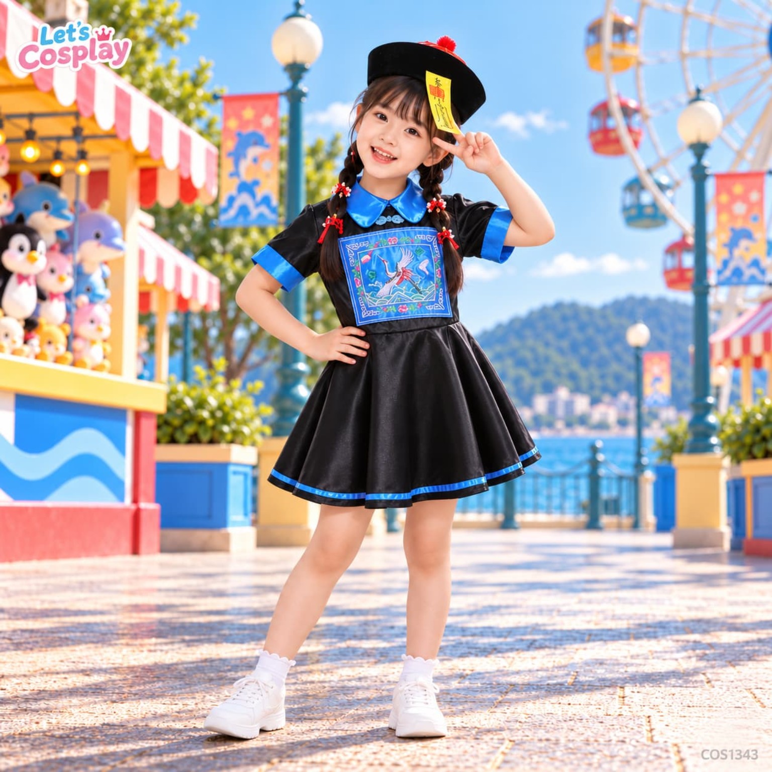 小女童中國殭屍萬聖節服裝｜符咒帽黑藍色連身裙｜兒童Halloween Cosplay 親子裝