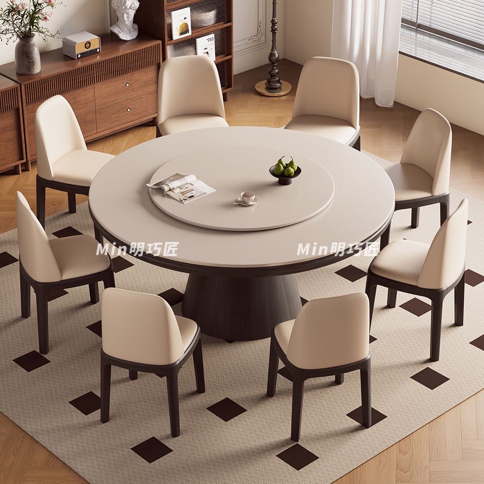 實木圓桶岩板餐檯組合 細單位家用圓餐檯連轉盤連椅 dining table
