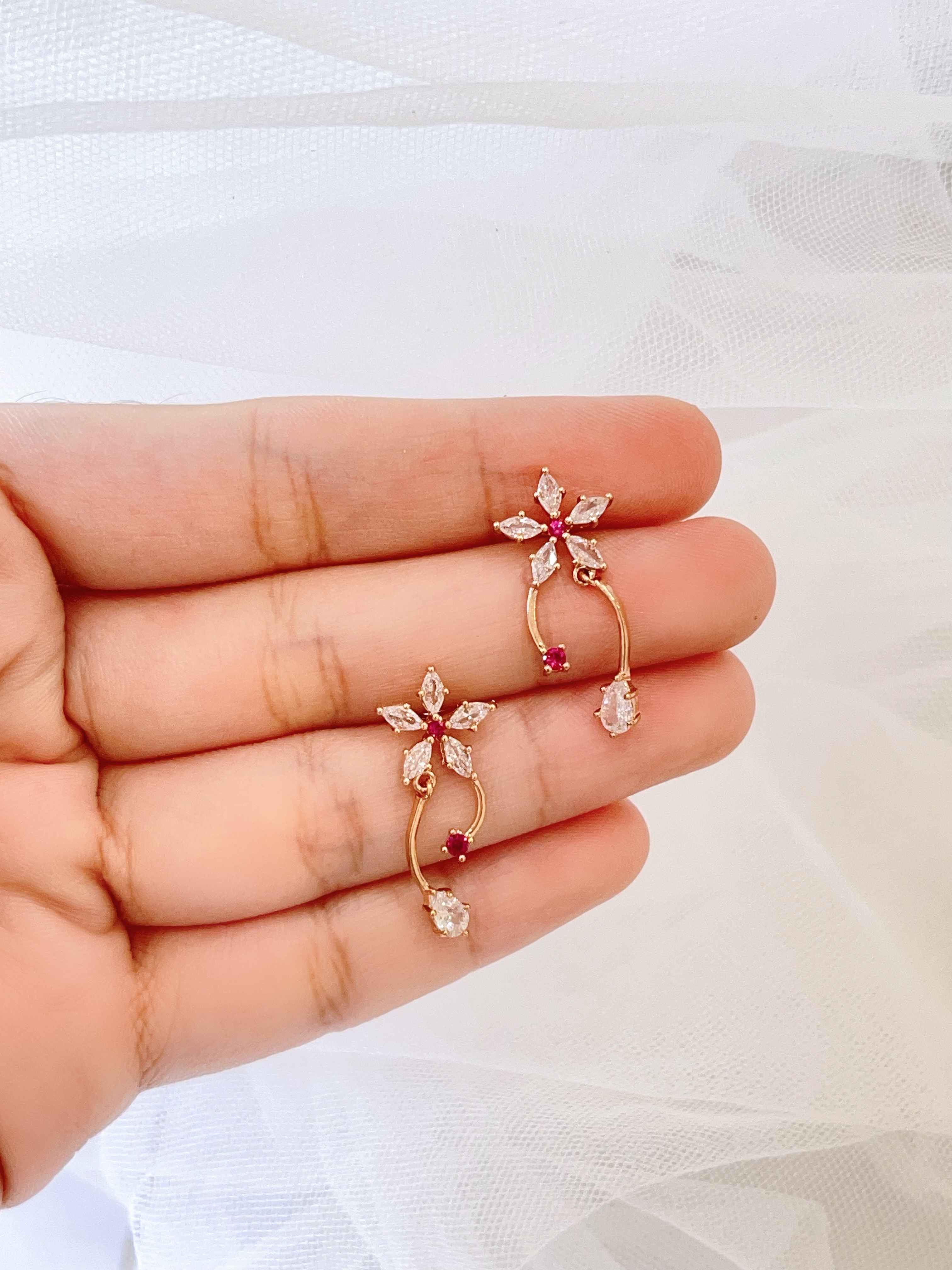 粉粉少女心超仙水滴锆石花朵耳环