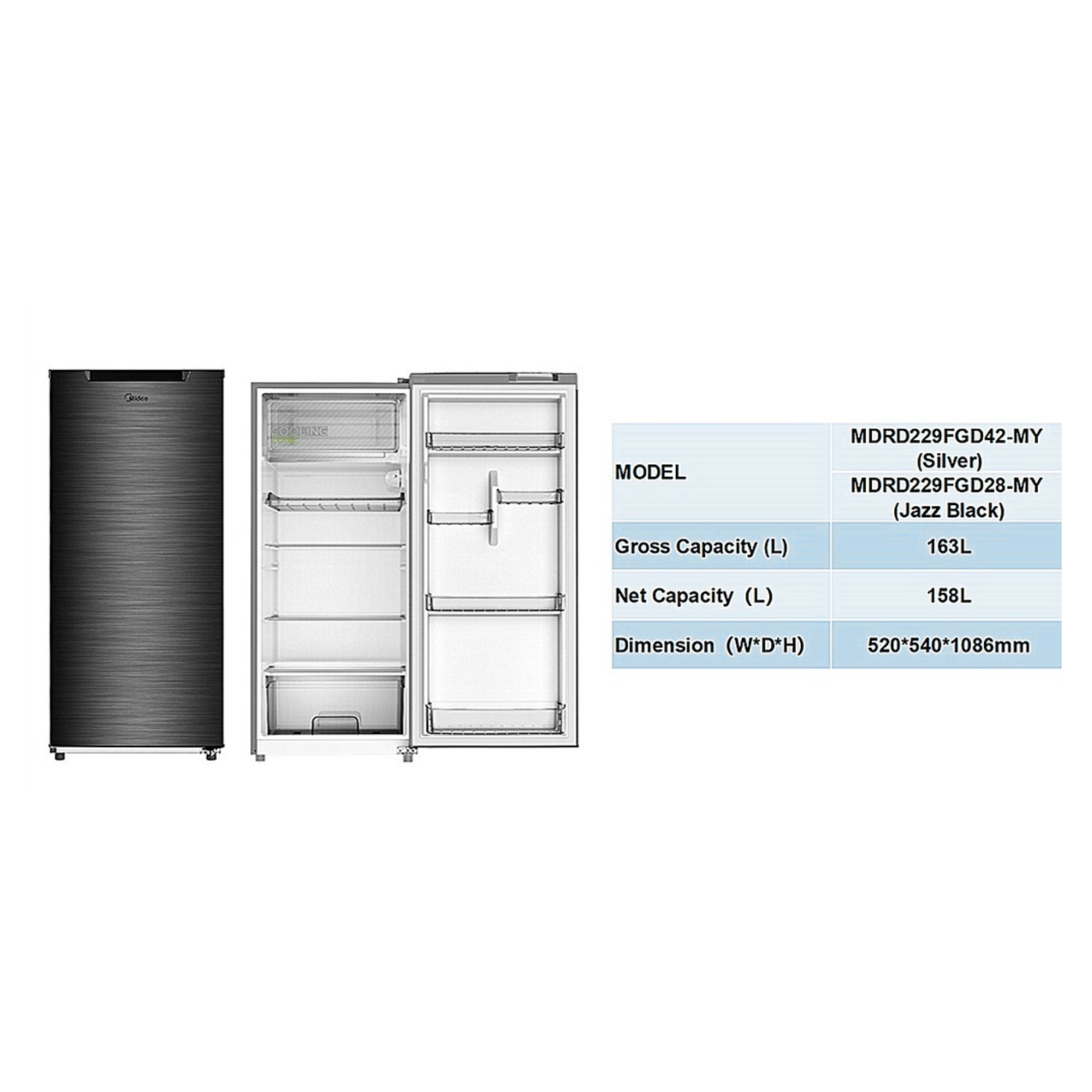 Midea 163L Single Door Refrigerator MDRD229FGD42-MY