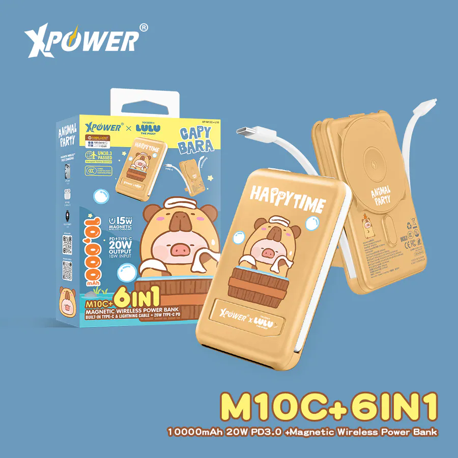 CCC | 3C認證 XPower x 罐頭豬LuLu🐷M10C+ 6合1 10000mAh多功能迷你20W PD3.0+ 磁吸無線快充移動電源