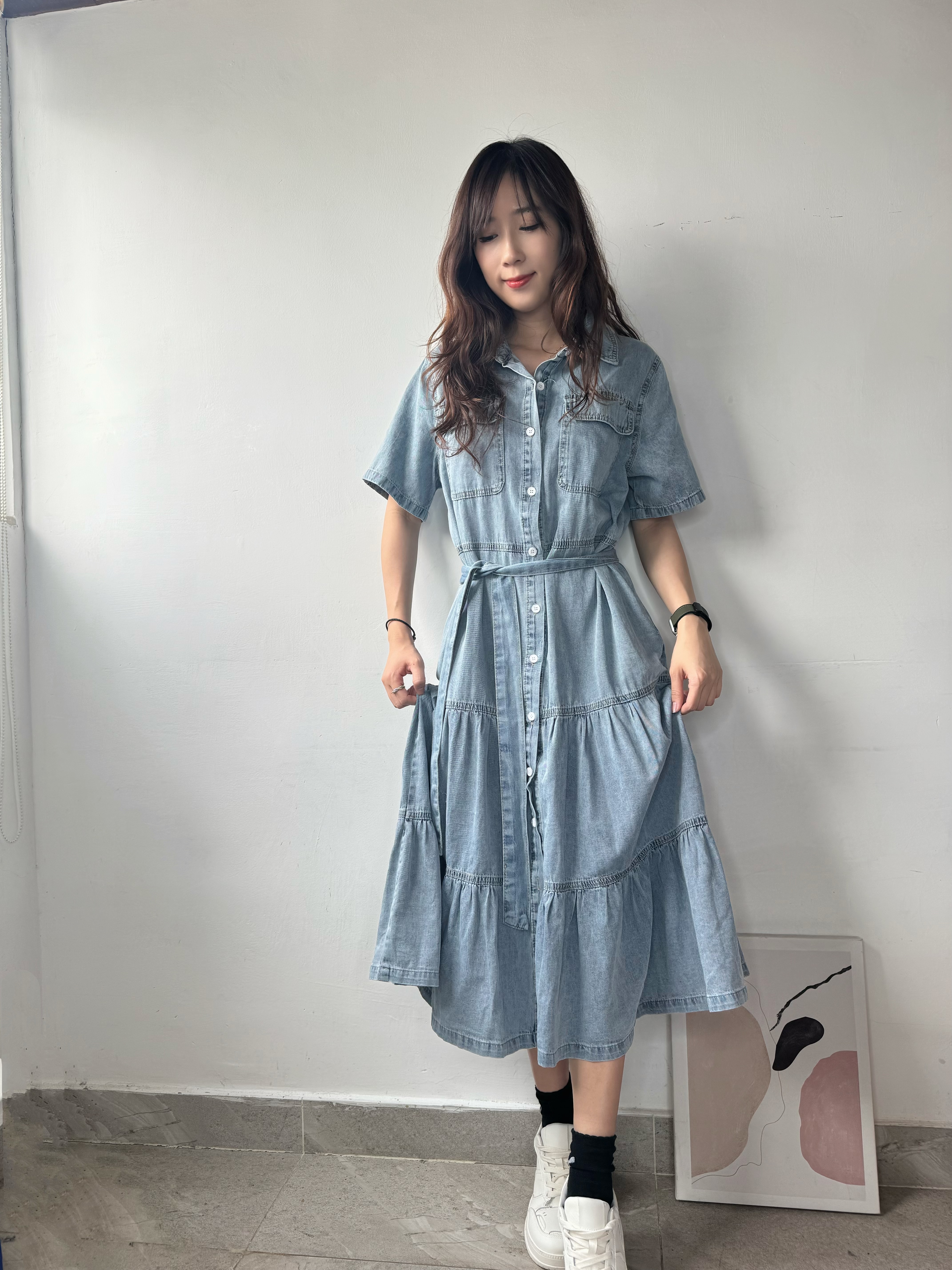 牛仔綁腰連身裙
