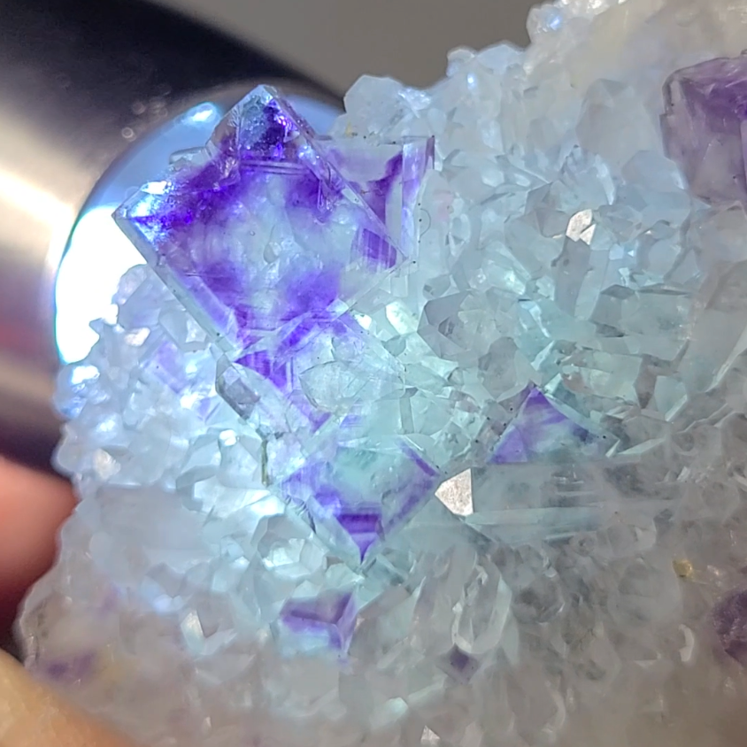 Blue and purple cubic fluorite on baby quartz - FL142