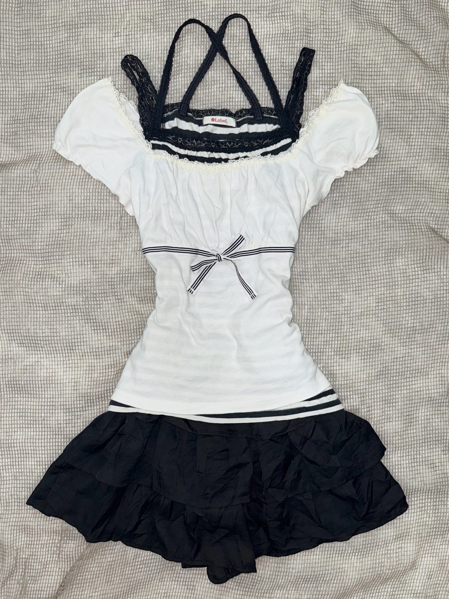 Coquette Style Dark Himekaji Elegant Contrast Puff-sleeve Set