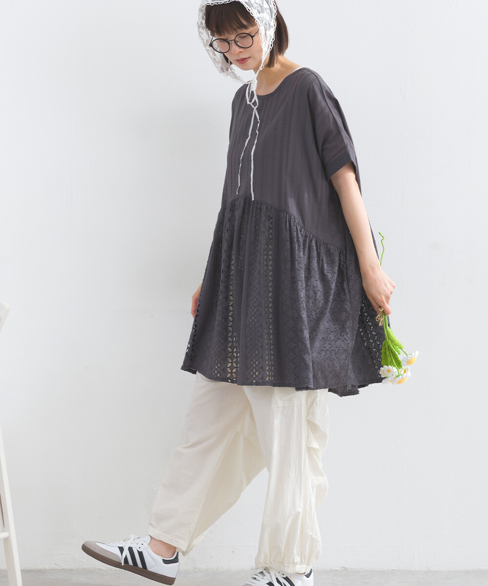 LP - 印度棉質拼布花邊襯衫 (碳灰色)