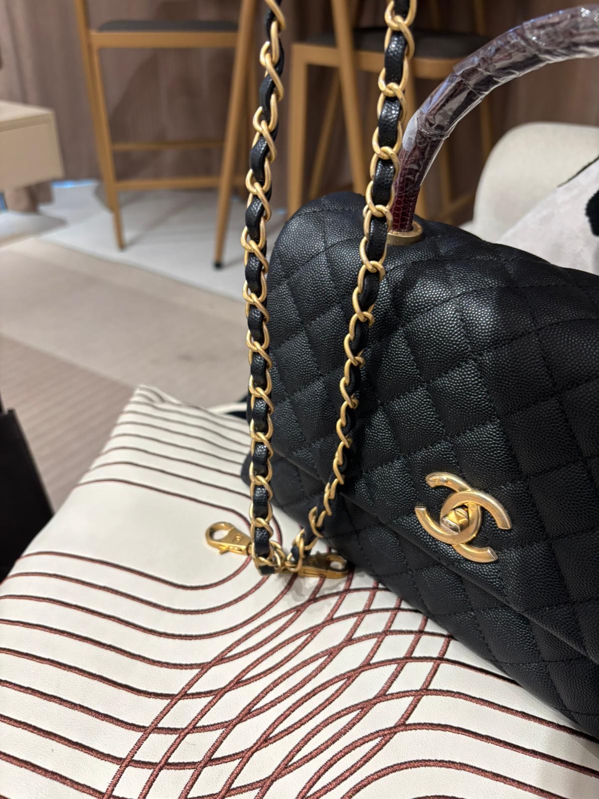 Chanel coco handle Medium 黑色荔枝牛皮金扣蜥蜴皮手柄 100%Authentic, 95%New ✅24Card✅Dust Bag✅Box