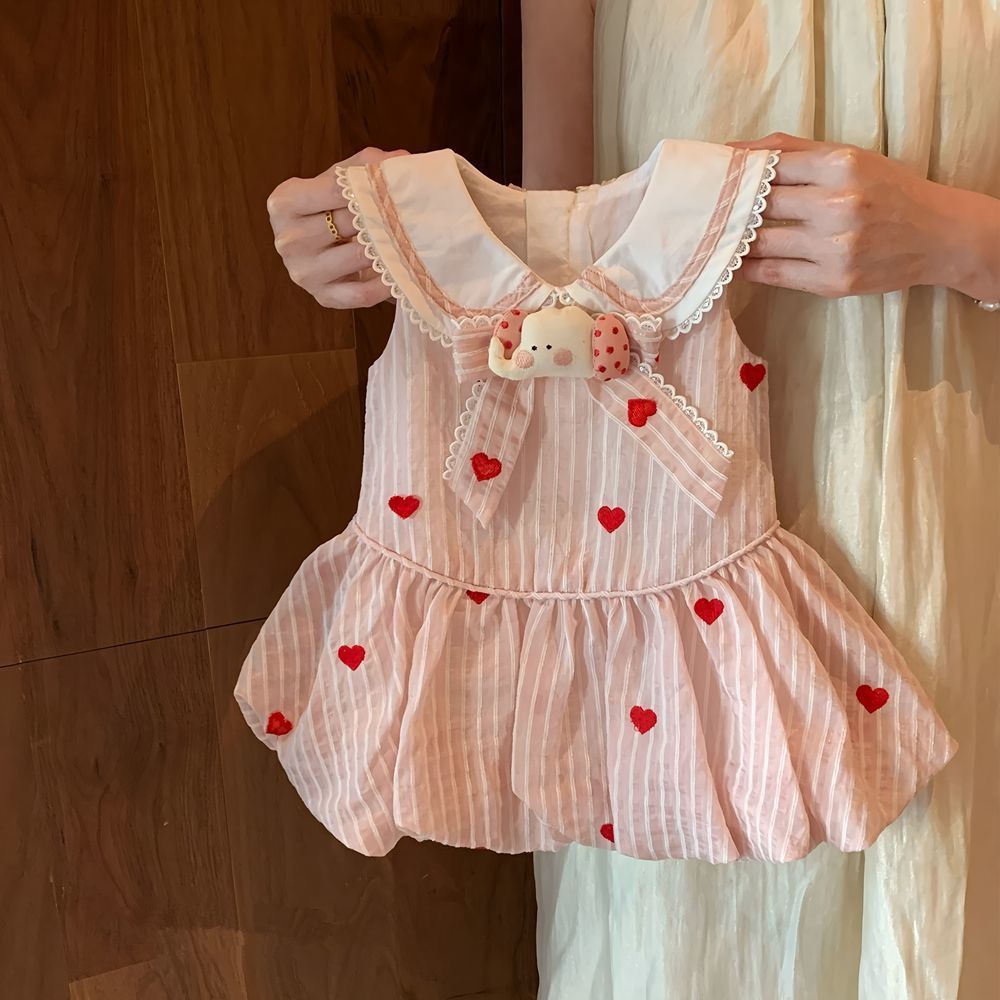 Charming Striped Heart Print Dress with Elephant Accent