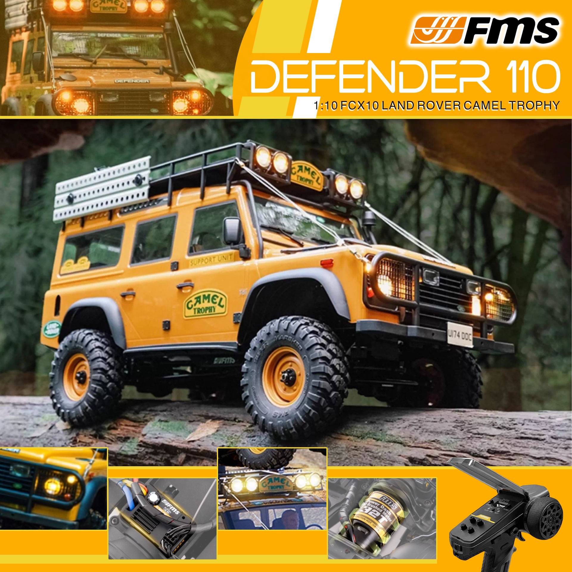 全新 FMS 1:10 Land Rover Camel Trophy Defender 110 攀爬車 | D110 | FCX10 | Land Rover 授權 | 4輪驅動 | 550 32T 有刷電機 | 雙速變速機械波箱