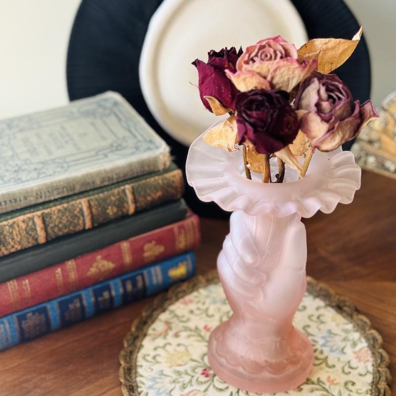 Rare! Antique 1920s Art Deco Blossom in Lady's Hand Pink Frosted Glass Vase (MT2189)
