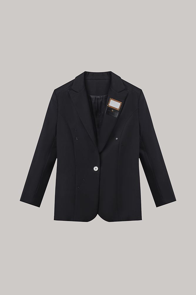 Black Tailored Blazer with Modern Badge Detail