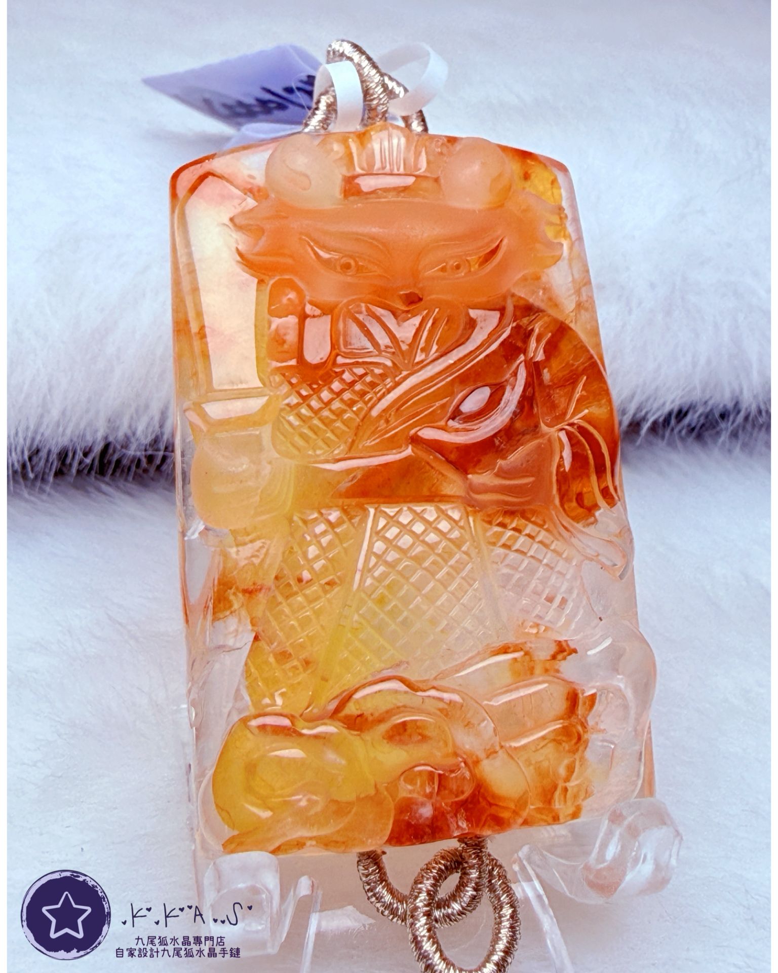 K00125 橙紅膠花 將軍狐 - 吊墜/手牌兩用款