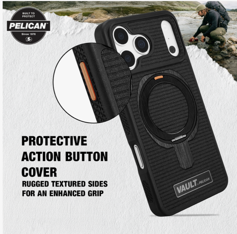 Pelican – iPhone 18 Pro Max / 17 Pro Max 手機殼 Vault Magsafe磁吸手機套 旋轉支架 360°全包圍 軍規級防摔保護套 – 煙霧黑