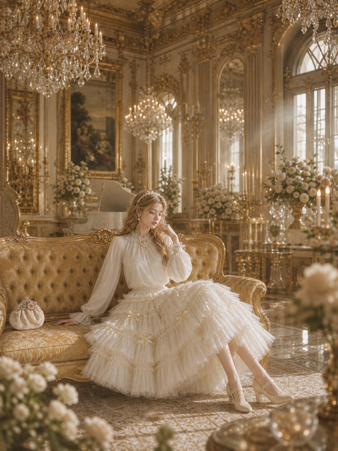 凡爾賽宮廷珍珠蕾絲襯衫 Versailles Court Pearl & Lace Blouse & 幻彩流光蝴蝶結蛋糕裙 Chimeric Shimmer Bow Tiered Cake Skirt