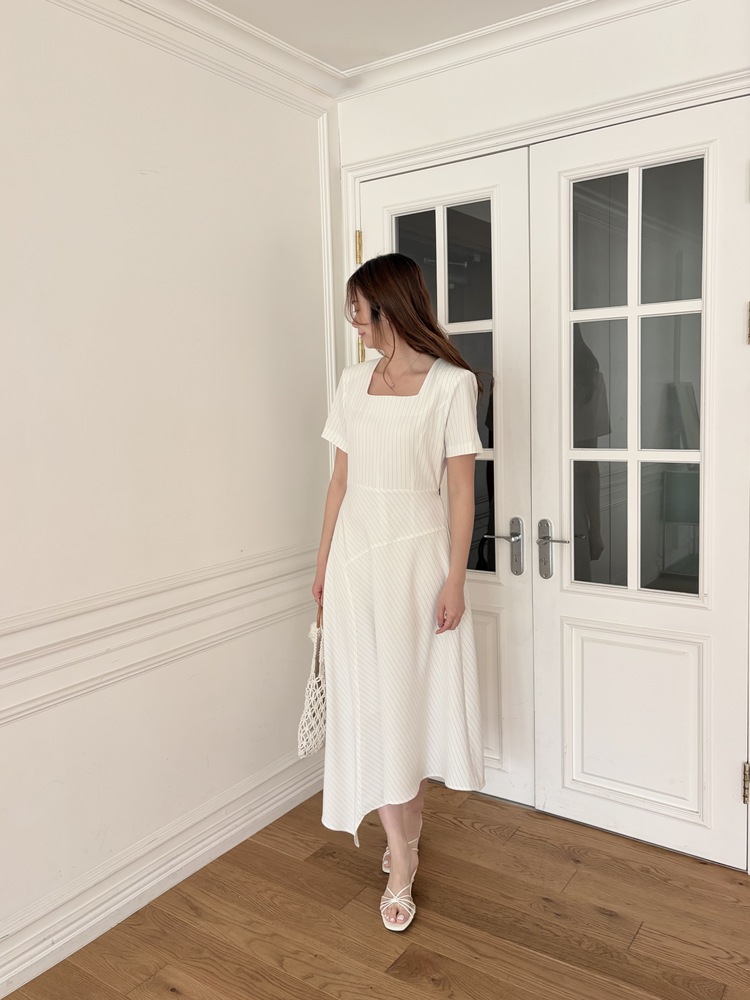 Asymmetric Striped Dress (Ivory)