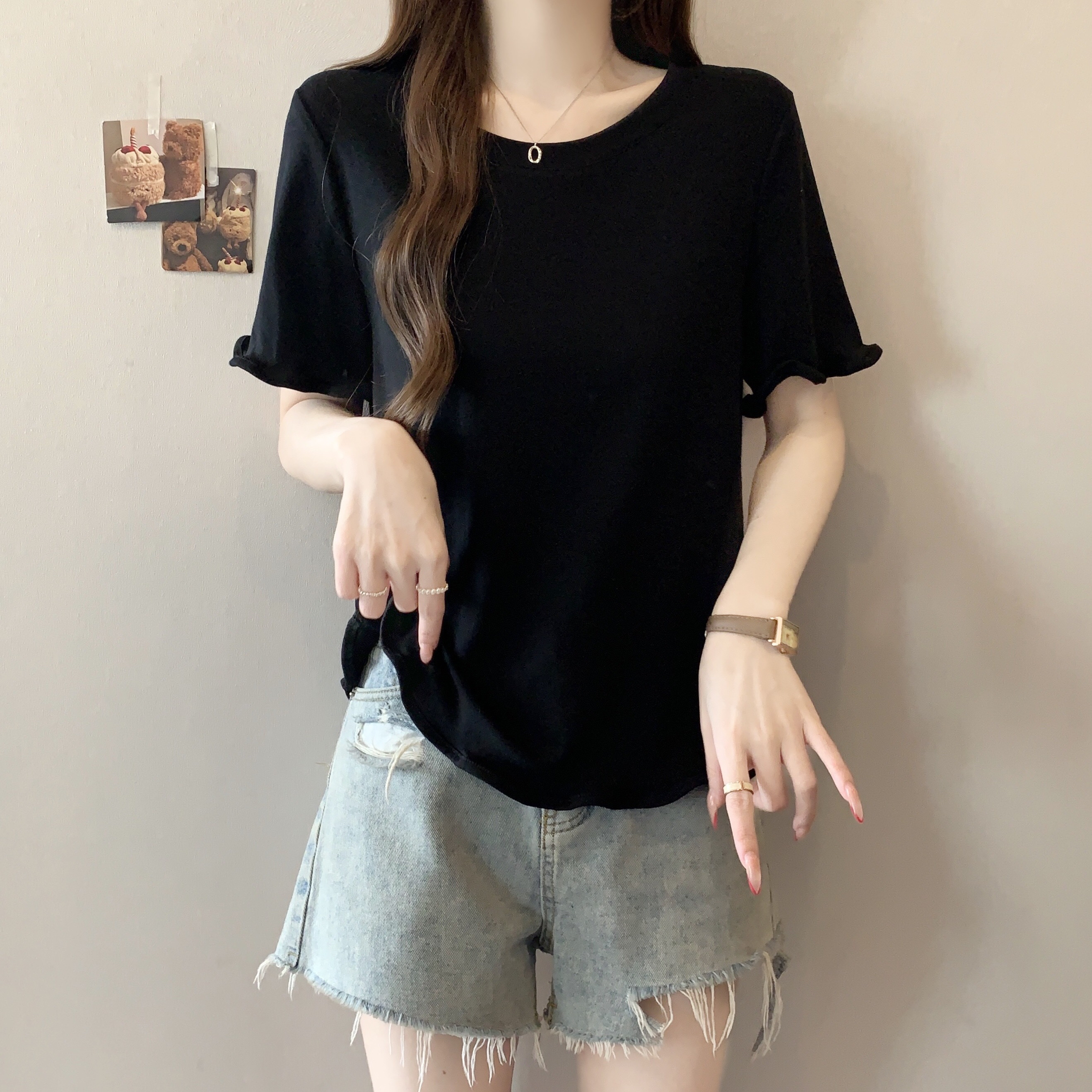 B230(81018) 韩版INS风圆领木耳边短袖与下摆4色上衣