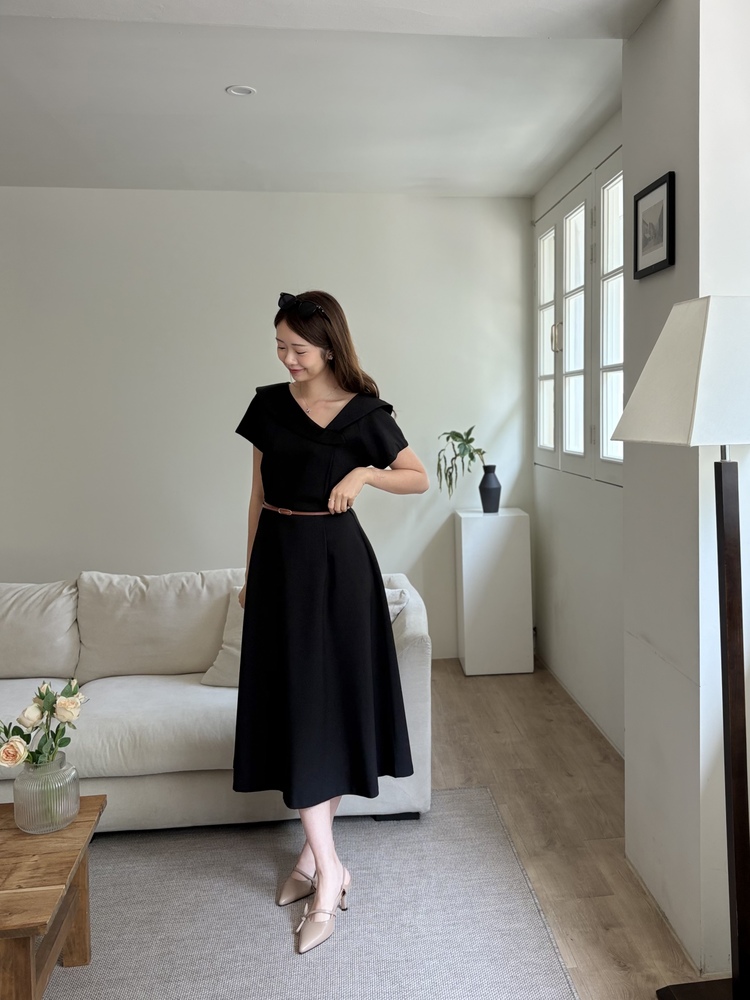 Sailor Collar Belted Dress (Black)