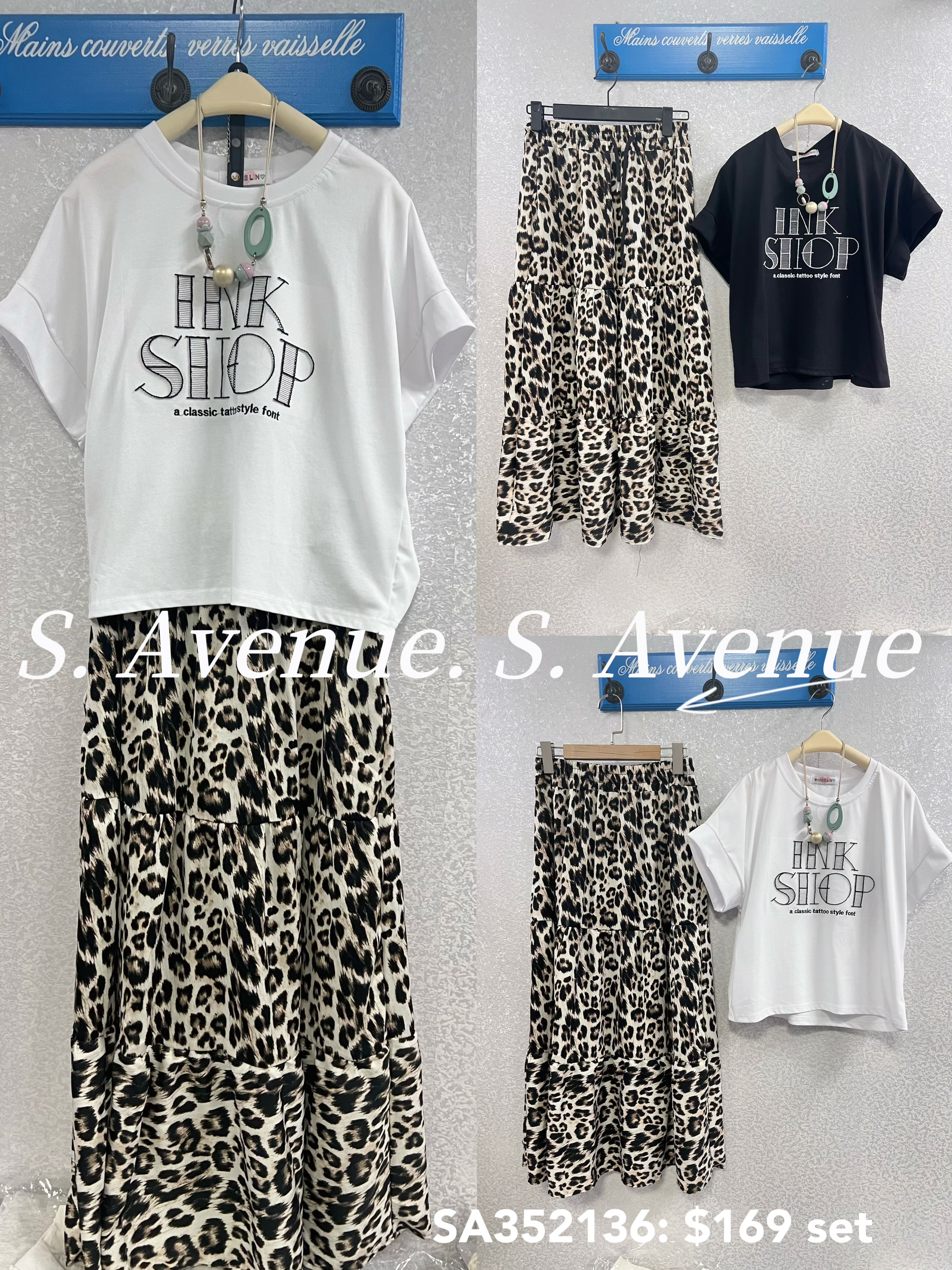 SA352136: 短袖繡英文字tee配橡根腰豹紋長裙套裝
