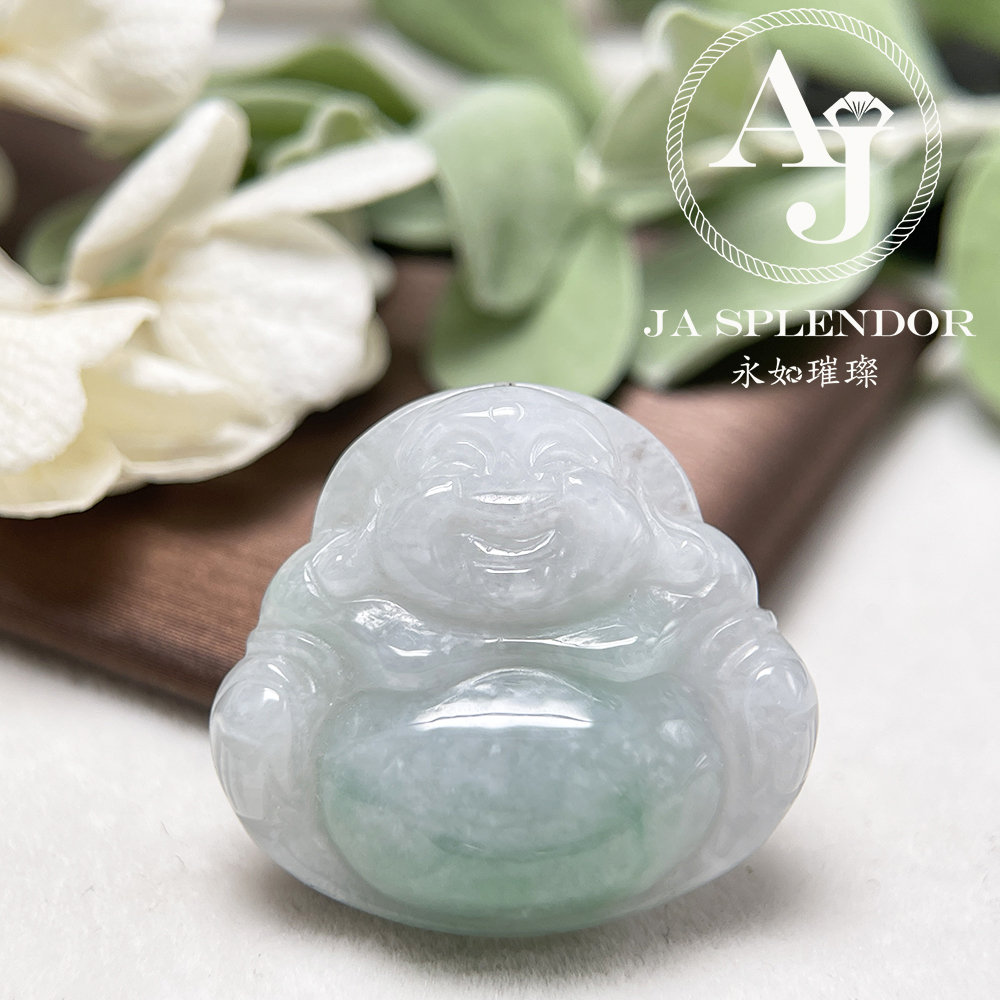 JN-10317 天然翡翠A玉 冰糯白底青大肚笑佛吊墜