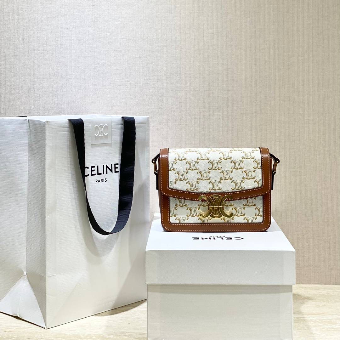 🔥大货实拍图 𝗖𝗘𝗟𝗜𝗡𝗘 ♥ 𝗧𝗥𝗜𝗢𝗠𝗣𝗛𝗘 𝗧𝗘𝗘𝗡 𝗕𝗢𝗫小号 在原来的锁扣上加了CELINE首字母凯旋门扣，完完整整的巴黎血液注入啊！将复古元素与品牌一向拿手的利落线条相结合，气质 高贵！ 型号：188882 小号尺寸：18.5*14*6cm
