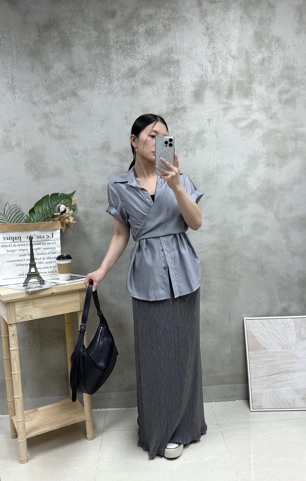 G02 交叉綁腰絲質恤衫