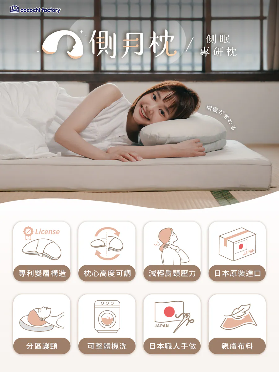 [側月枕] cocochi factory｜側眠專研系列｜專利雙層｜日本製｜可調高度｜分區護頸｜