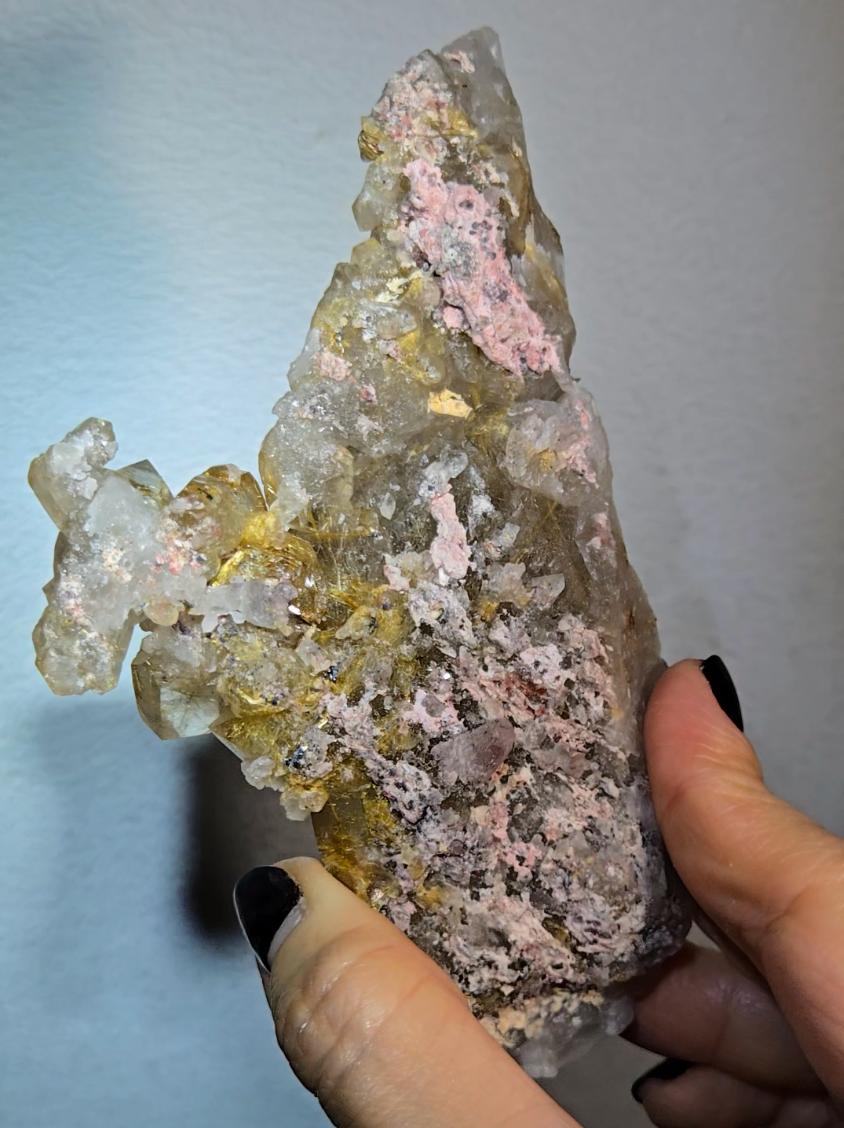 Golden titanium rutiles on black hematite in quartz cluster - RT1443