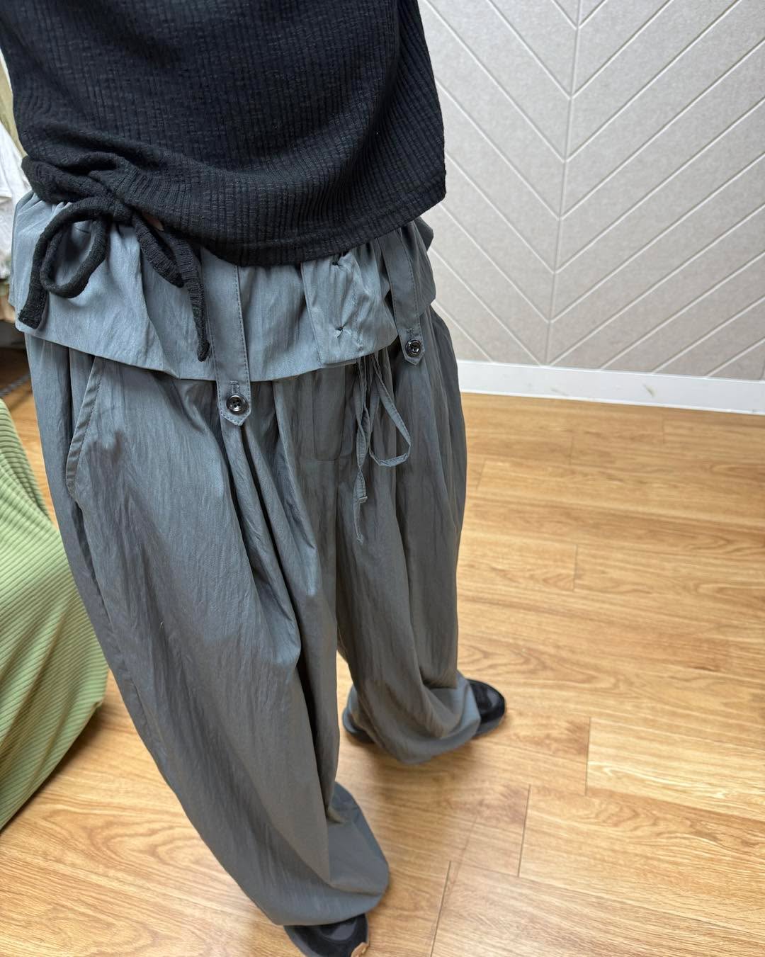 反摺腰頭皺布寬身褲