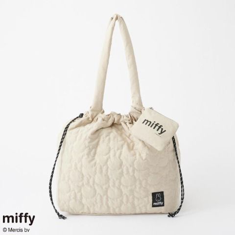 MIFFY 抽繩 tote bag 連 pouch 縫紉 米白